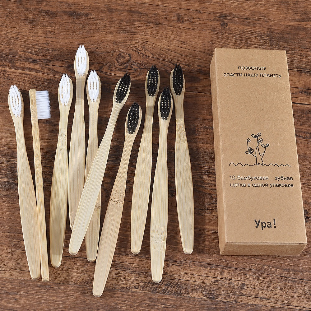 Natural Bamboo Toothbrushes - set of 10