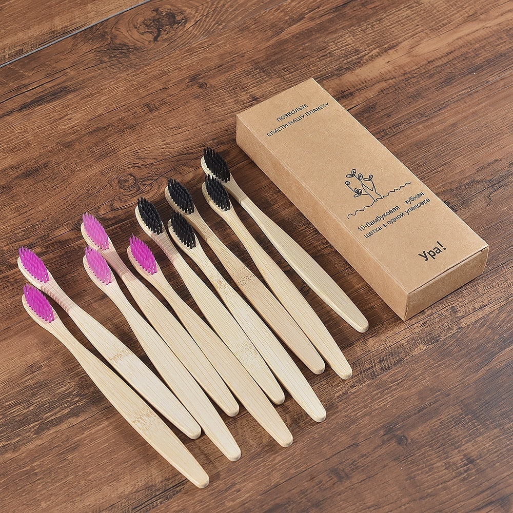 Natural Bamboo Toothbrushes - set of 10