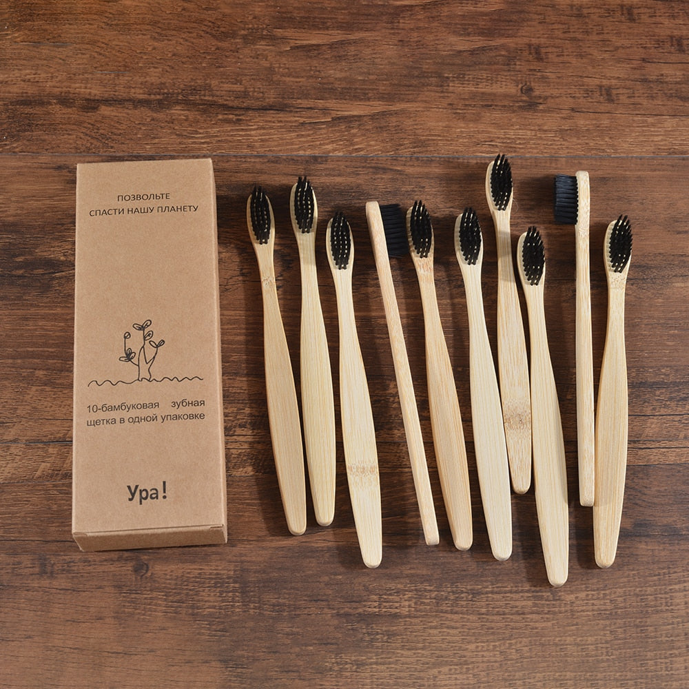 Natural Bamboo Toothbrushes - set of 10