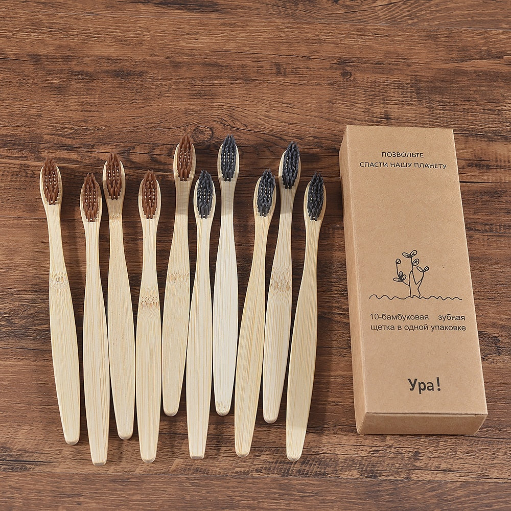 Natural Bamboo Toothbrushes - set of 10