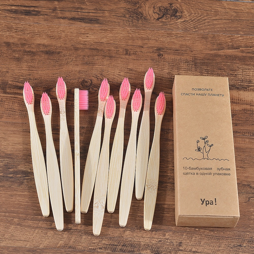 Natural Bamboo Toothbrushes - set of 10